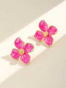 1 Pair Colorful Drip Painting 4-Petal Flower Earrings For Women, Versatile Simple & Cute, Suitable For Daily Wear, Gift For Holiday - Hot Pink - View 5