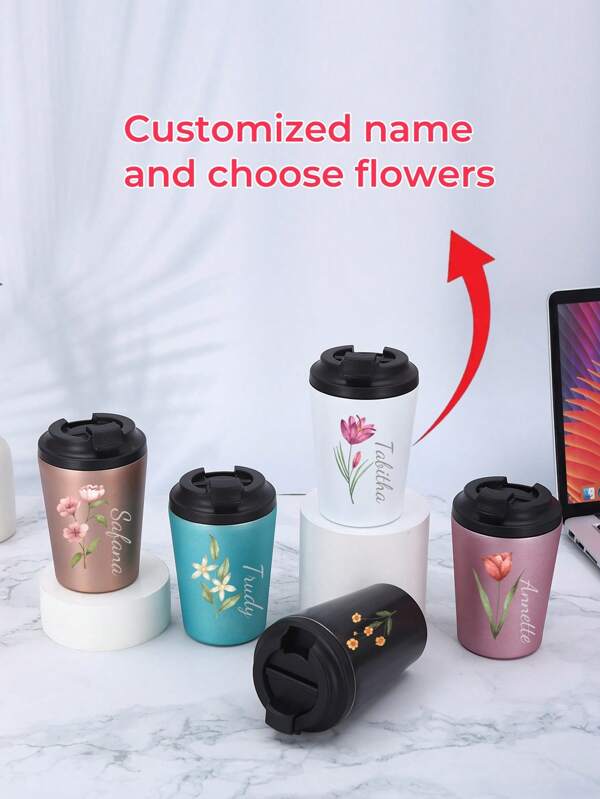 1 pieza Taza de café minimalista personalizada con nombre y diseño floral de 12 onzas, vaso térmico de acero inoxidable de doble pared con escala de medición, gran regalo para familiares y amigos