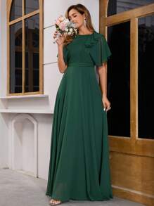 女士正式晚礼服雪纺短袖长款飘腰连衣裙、派对礼服、婚礼宾客礼服