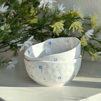 قطعة واحدة وعاء سيراميك يدوي الصنع بسعة 300 مل بتصميم زهري أزرق، طراز حداثي بسيط، قابل للغسل في غسالة الصحون وأمان في الميكروويف، مناسب للسلطات والحلويات والوجبات الخفيفة، هدية عيد ميلاد، يوم المرأة ، مثالي للمطاعم وهواة الخبز والحفلات الغذائية