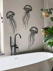 1 szt. Dekoracje do domu Naklejka ścienna z meduzą do łazienki, sypialni - samoprzylepna naklejka z PVC, czarny geometryczny wzór, asymetryczny kształt, naklejki ścienne do łazienki, naklejka winylowa do dekoracji domu, elementy dekoracyjne do sypialni, odśwież wystrój ściany w domu, wystrój łazienki, elementy dekoracyjne pokoju, wystrój salonu, wystrój domu, wystrój domu, sztuka ścienna do salonu, tapeta, spersonalizowane naklejki, lustro, lustro ścienne, lustro ścienne, lustro do pokoju