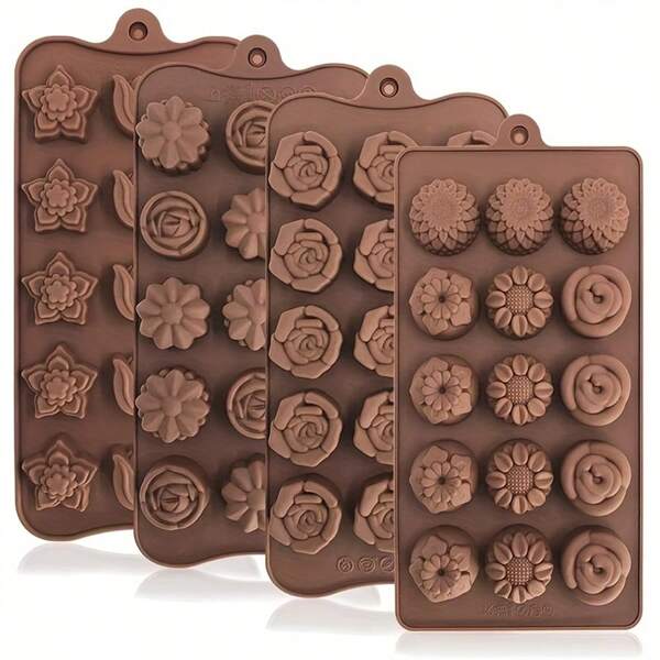 1/4pcs Silicone Baking Mold Set, Rose Heart Shaped Chocolate Mold For Cakes, Biscuits, Candies, Ice Cubes, Jelly, Handmade Soap, Cake Decorating, Non-Stick, Reusable Kitchen Tools
