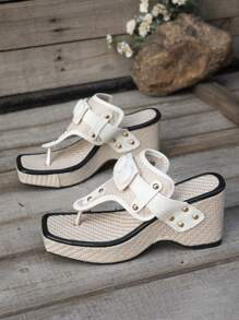 Women's Summer Square Toe Strap Buckle Outdoor Wear-Resistant Anti-Slip Rivet Roman Style Fashion Casual Wedge Platform Sandals
