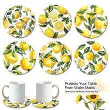 6pcs/Set Lemon Leaf Illustration Style Minimalist & Unique Wooden Coasters, Suitable For Kitchen, Living Room, Dining Room - Multicolor - View 1