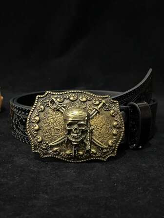 Vintage Gold Pirate Skull & Floral Pattern PU Leather Belt With Alloy Buckle Fall, Autumn, Halloween Autumn-Winter Accessories,Suitable For Teens, Youth,Men,Casual, Outdoor, Athletic, Vacation, Graduation Gifts, Birthday, Daily Wear