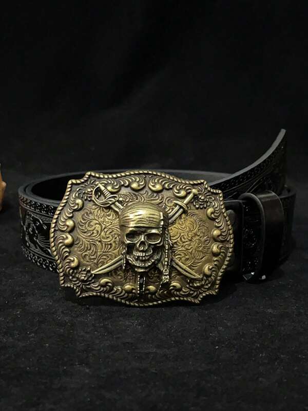Vintage gouden PU-leren riem met piratenschedel en bloemenpatroon en gesp van legering voor herfst, herfst en Halloween