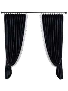 1 pieza Cortina premium de terciopelo negro con borde de encaje, elegante para villa, casa, sala de estar, decoración de dormitorio