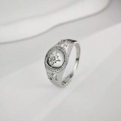 1pc S925 Sterling Silver Vintage Men's Ring, Unique Sunflower Design With Pentagram Decor, Suitable For Carnival, Party, Daily Wear, Mother's Day, Father's Day, Etc. Gift Box Included, 8g Silver Weight