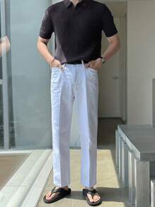 男士短袖针织 Polo 衫翻领竖条纹设计舒适柔软面料休闲日常穿着夏季时尚男装百搭时尚 Polo 衫 - 深灰色 - 查看 8