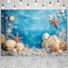 1 Piece Of Ocean Blue Background With Shells And Pearls - Vibrant Underwater Beach Party Decoration, Made Of Polyester Material, Perfect For Birthdays, Festivals, Theme Events, Beach Accessories