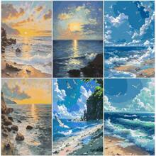 40x50cm/16 英寸 X 20 英寸 - 1 件 DIY 成人数字油画套装，日落自然风景中的大海和海鸥，适用于家庭办公室、卧室、客厅装饰 - 40*50cm - 查看 2