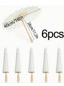 6pcs/1pc White Paper Umbrella - Wooden Handle, No Power Or Feathers Required, Perfect For Weddings, Photo Shoots, Makeup, Parties, Beach Decorations.