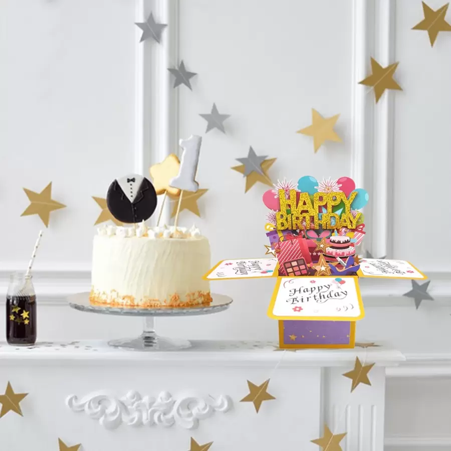 Funny Pop-Up Birthday Card, 3D Gift Box Birthday Card With Envelope, Unique Handmade Foldable Celebration Card Suitable For Daughter, Son, Mom, Dad, Friends - Multicolor - View 1