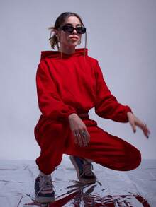 Women's Casual Fleece Set, Composed Of Loose Crop Sweatshirt With Drop Shoulder Lined Hooded And Solid Color Sweatpants, Set