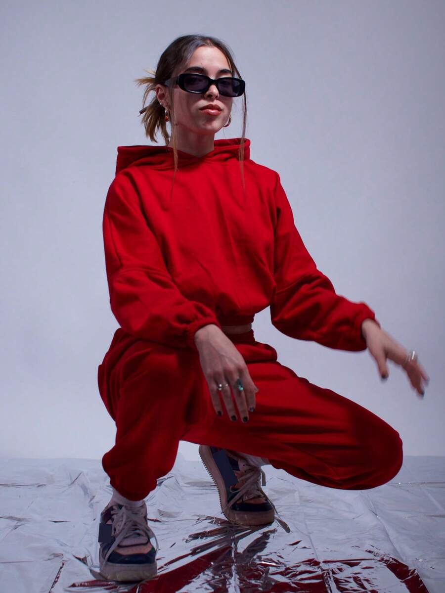 Women's Casual Fleece Set, Composed Of Loose Crop Sweatshirt With Drop Shoulder Lined Hooded And Solid Color Sweatpants, Set