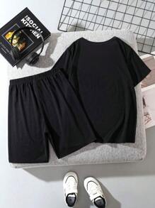 2PCs Tween Boy Slogan Print Crew Neck T-Shirt And Shorts Set, Spring Summer Boys Casual Sports T-Shirt Soft Top