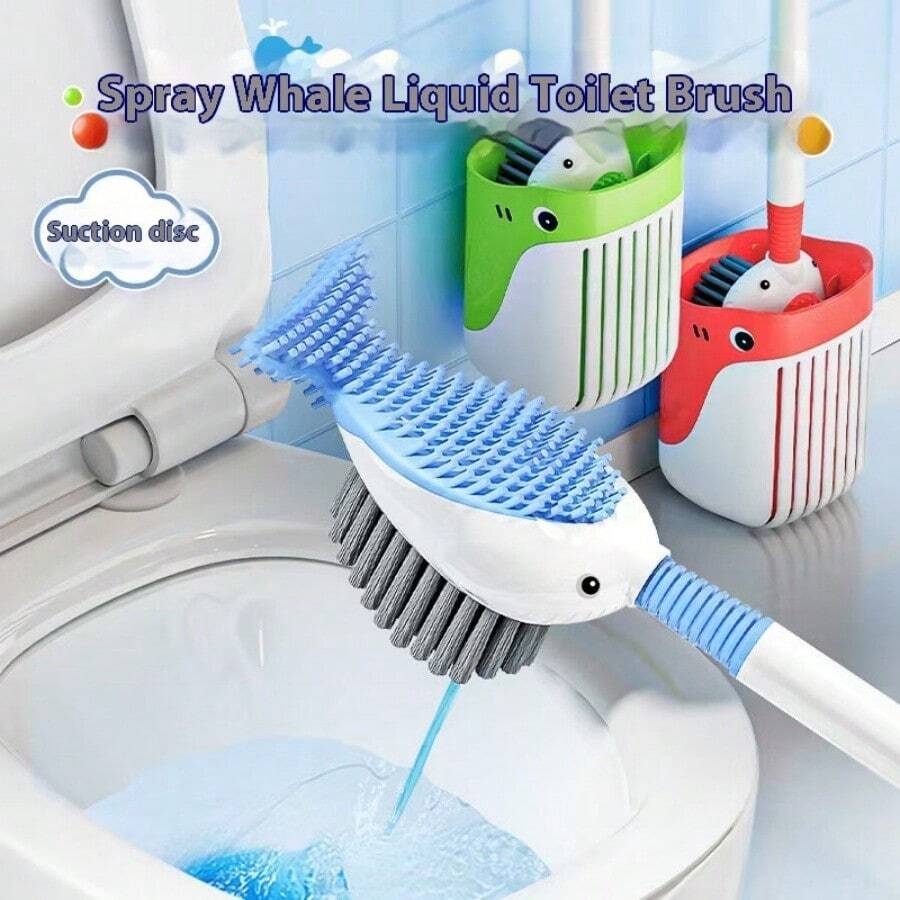 1 件装 Spoons 鲸鱼设计吸盘马桶刷和支架套装，硅胶浴室清洁工具套件