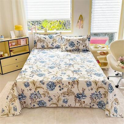 3件印花床单套装：1张床单+2个枕套，四季防尘3件套，适用于双人床和单人宿舍床（不含填充物）