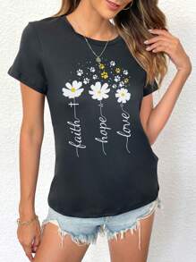Faith Hope Love Simple Daisy Flower Crew Neck Short Sleeve Tee - Black - View 3