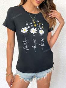 Camiseta de cuello redondo de manga corta con estampado simple de margarita con los lemas "Fe, Esperanza, Amor"