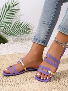 Women's Summer New Slip-On Square Toe Flat Anti-Slip Wear-Resistant Gold Stripe Hollow Open Toe Purple Slippers, Match With Dresses, Leggings, Casual Pants, Shorts, Mini Skirts, Slip-On Sandals For Women, Spring, Summer, Autumn, Valentine's Day, Mother's Day, Holiday Party, Fashion Casual, Elegant, Minimalist, Romantic, Cute, Vacation, Travel, Daily Match, Beach Shoes, Women's Fashion Flat Purple Sandals