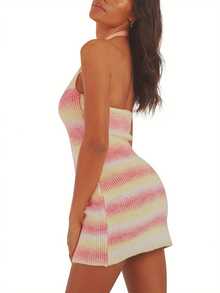 Womens Sexy Halter Knitted Skinny Dress Fashion Gradient Color Backless Short Dress - Rosa - Ver 9
