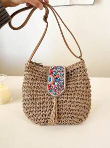 Solid-Color Minimalist Woven Sling Bag, Bohemian Style Braided Bag With Turquoise Beads, Tassels & Straps, Casual Beach Resort Style Ladies Crossbody Bag, Summer Straw Beach Bag For Women, Vacation Essentials, Perfectly Matching With Beach Accessories Women, Hottest Beach Bags For Women, Beach Necessities,Beach Essentials,Beach Stuff & Summer Essentials, Perfect For Summer, Vacation & Beach, Boho - Khaki - View 6