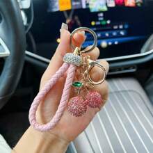 Cherry-Shape Keychain With Zirconia Accent, Alloy Fruit Keyring Decor For Car & Bag Accessories, Unique Women Keychain