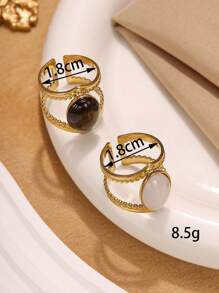 2 件不锈钢男士金色复古风格油压棕色和白色宝石戒指套装，适合情侣装饰或礼物