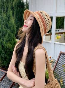 1 件女士拼色夏季新款简约时尚百搭休闲优雅镂空防晒渔夫帽，适合户外旅行、散步、购物、夏季沙滩装 - A - 查看 11