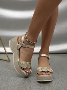 Women's Round Toe Platform Thick Bottom Sandals, Woven Embroidery Wedge Sole Shoes, Roman Sandals, Refreshing Vacation Beach Shoes