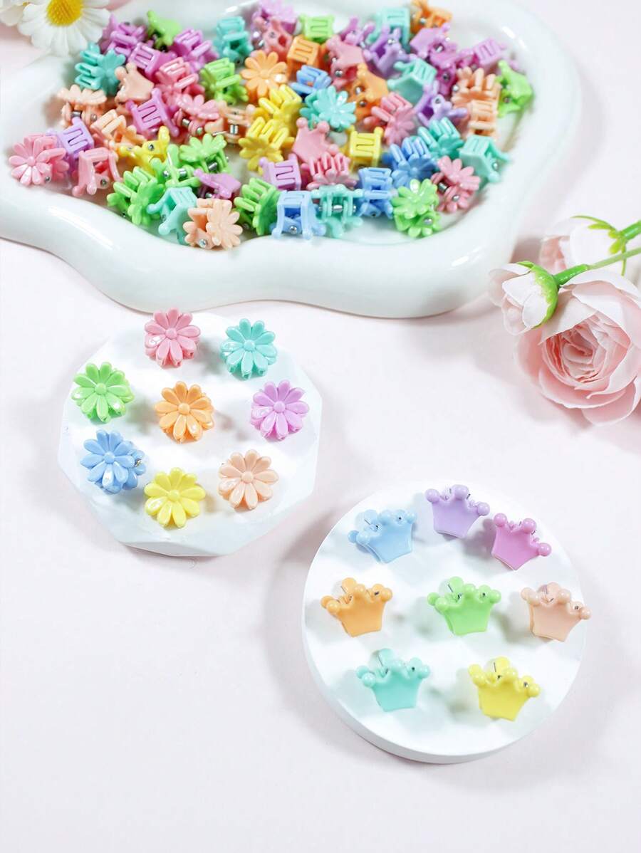 50pcs Girls Small/Medium/Large Flower & Crown Hair Clips, Cute & Sweet For Party, Daily, Spring/Summer, Mixed Colors - Multicolor - View 1