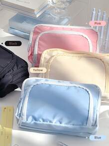 1 pieza Bolsa de papelería Estuche de lápices de color crema de gran capacidad con 3 compartimentos de almacenamiento P para estudiantes de oficina y escuela, regalos de vuelta a clases - Multicolor - Ver 4