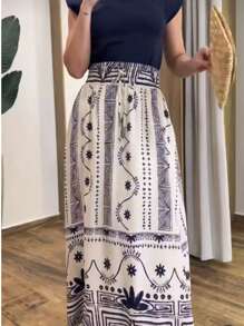 Steve Store Women's Fashion Viscose Skirt With Lining, Has Pocket And Slit On The Sides, Elasticated Waist - Nước xốt trắng và xanh - Xem 3