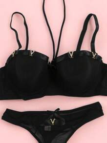 Beautiful Bra And Thong Set With Details In Mesh Fabric With Metal Appliqués, Sexy Lingerie, Various Colors, Comfortable And Of The Best Quality, Soft And Comfortable, To Show Off That Incredible Body. - 黑色 - 查看 3