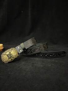 复古金色海盗骷髅头花卉图案PU皮腰带，合金扣，适合秋季、万圣节、秋冬季节，青少年、青年、男士均可佩戴，休闲、户外、运动、度假、毕业、生日、日常穿着皆宜。 - 黑色 - 查看 9