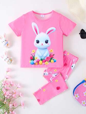 2 件女童休闲花朵、鸡蛋、可爱兔子印花 T 恤搭配兔子和花朵全印花紧身裤户外套装，春夏（复活节季节）