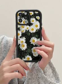 Summer 1pc Minimalist White Daisy Flower Pattern IPhone 16 Case, Luxury Black Full Body Protective Shock-Proof TPU Thick Phone Case