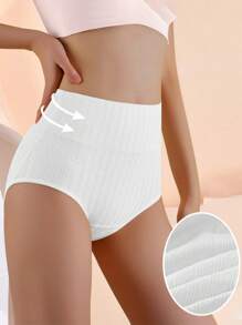 HANQIYA 4pcs Women Underwear, Skin-Friendly, Elegant Solid Color With Striped Design, Extended Gusset