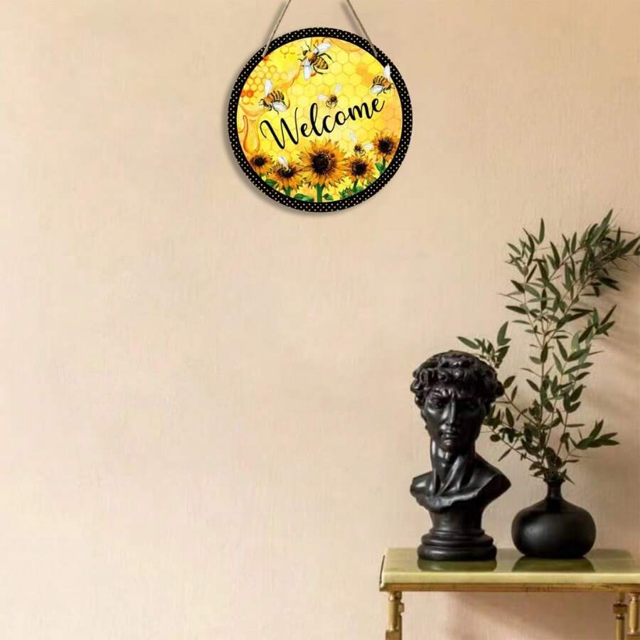 Welcome Wreath Logo, Bee And Sunflower Logo, Rural Art, Circular Wooden Logo, Wreath Center, Wreath Logo, Wreath Decoration, Door Decoration, Wall Decoration, Home Decoration, Room Decoration, Farmhouse Decoration, Porch Decoration