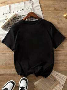 幼儿男孩宰牲节卡通月亮和男孩印花短袖 T 恤，春夏圆领上衣 - 黑色 - 查看 4