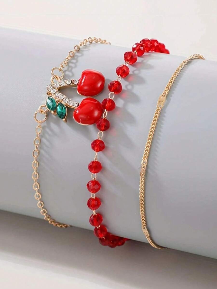 3 件套樱桃吊坠脚链，适合日常佩戴