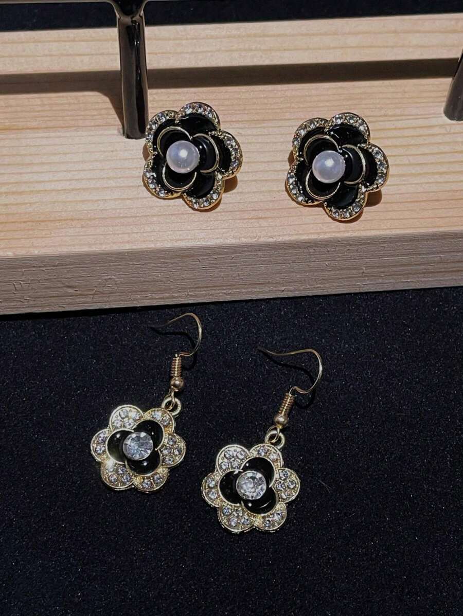 Simplistic Camellia Flower Micro-Inlay Earrings Set, Alloy Fashion Stud Earrings & Dangle Earrings Jewelry Set For Women