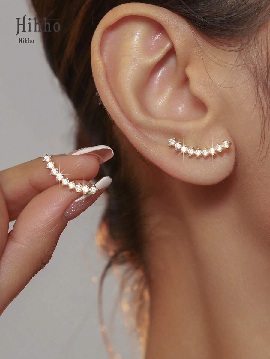 Hihho 2pcs Elegant Refined Long Tassel Encrusted Cubic Zirconia, Minimalist Luxury Jewelry Arc Earring Studs, Suitable As Fashionable Jewelry For Women - Yellow Gold - View 1