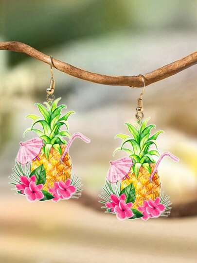 1 Pair Tropical Vacation Style Cocktail & Fruit Drink Shaped Pendant Earrings, Suitable For Women, Summer Beach Party