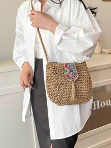 Solid-Color Minimalist Woven Sling Bag, Bohemian Style Braided Bag With Turquoise Beads, Tassels & Straps, Casual Beach Resort Style Ladies Crossbody Bag, Summer Straw Beach Bag For Women, Vacation Essentials, Perfectly Matching With Beach Accessories Women, Hottest Beach Bags For Women, Beach Necessities,Beach Essentials,Beach Stuff & Summer Essentials, Perfect For Summer, Vacation & Beach, Boho - Khaki - View 4