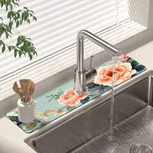 1pc Blooming Flower Pattern Faucet Mat Drain Mat, Polyester Material, Suitable For Occasions Such As Kitchen And Bathroom, Diatom Mud Faucet Suction Cup, Faucet Splash Mat, Daily And Summer Decoration, Can Be Given As A Gift