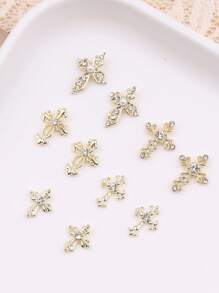 10 件装金色十字架美甲装饰金属风格 DIY 美甲闪光金属水钻假指甲装饰配件女士和女孩美甲用品 DIY 美甲配件指甲指甲饰指甲宝石 - 金色 - 查看 5