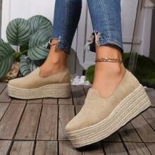 Cuñas de slip-on casuales para mujer - parte superior cubierta en beige con suela de paja, zapatos cómodos de suela gruesa, estilo europeo y americano de moda - Caqui - Ver 5