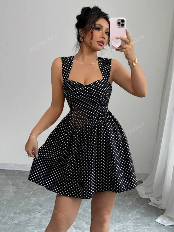 Rochie mini cu imprimeu cu buline, cu inimă, cu decolteu pătrat, cu volane, linie A